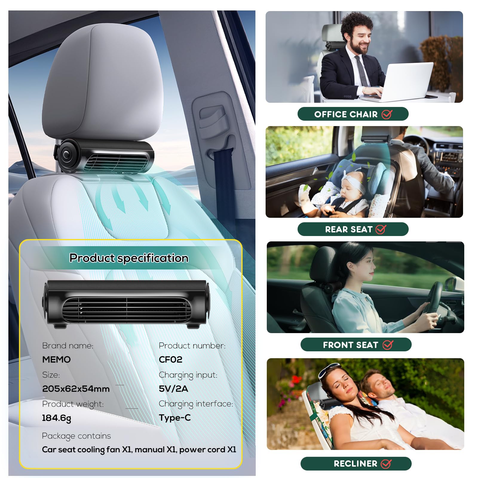 Ventilateur Appui-Tête Voiture USB — Refroidissement Siège Arrière 3 Vitesses