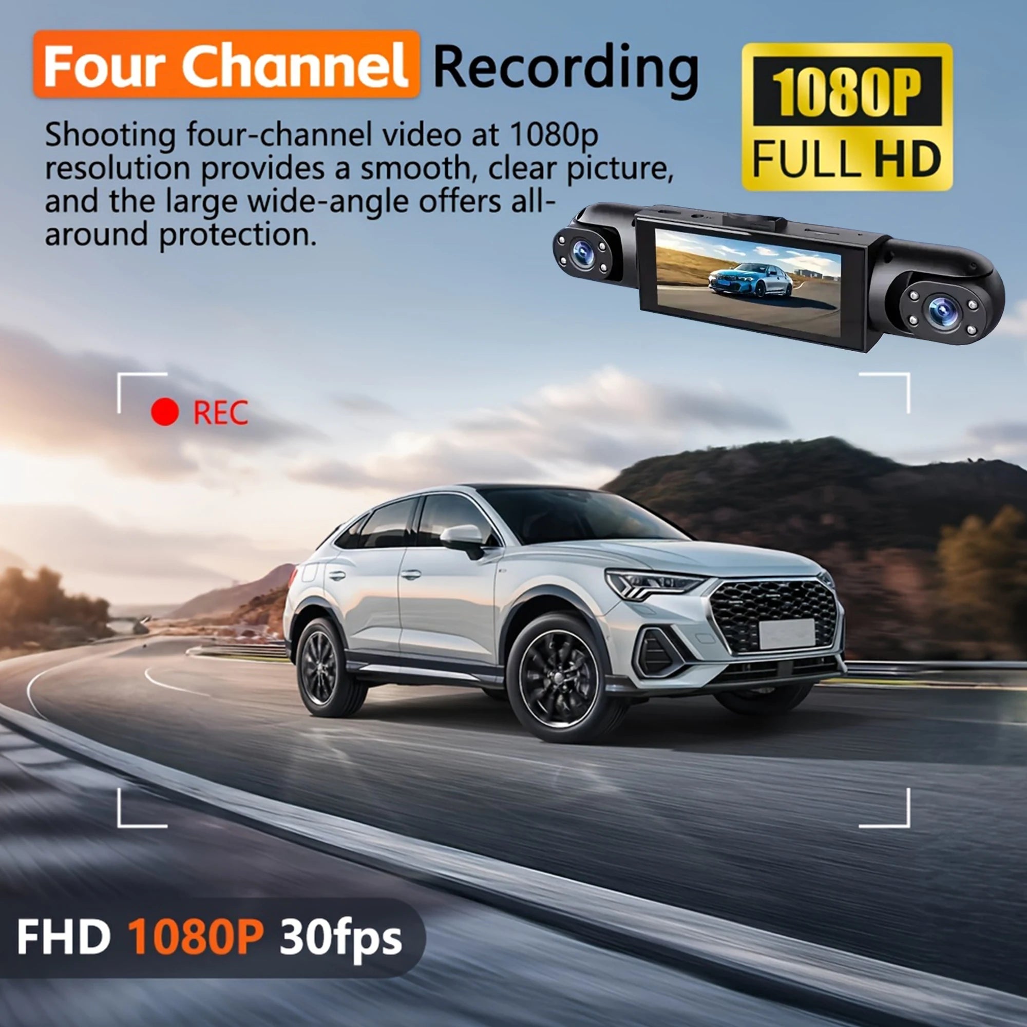 Dashcam Voiture 4 Caméras 360° — Vision Nocturne & Surveillance 24/7