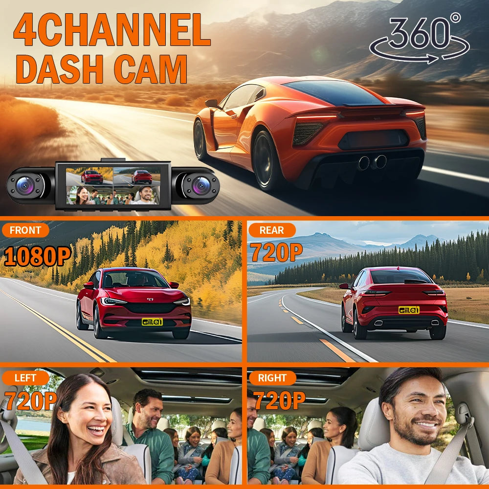 Dashcam Voiture 4 Caméras 360° — Vision Nocturne & Surveillance 24/7