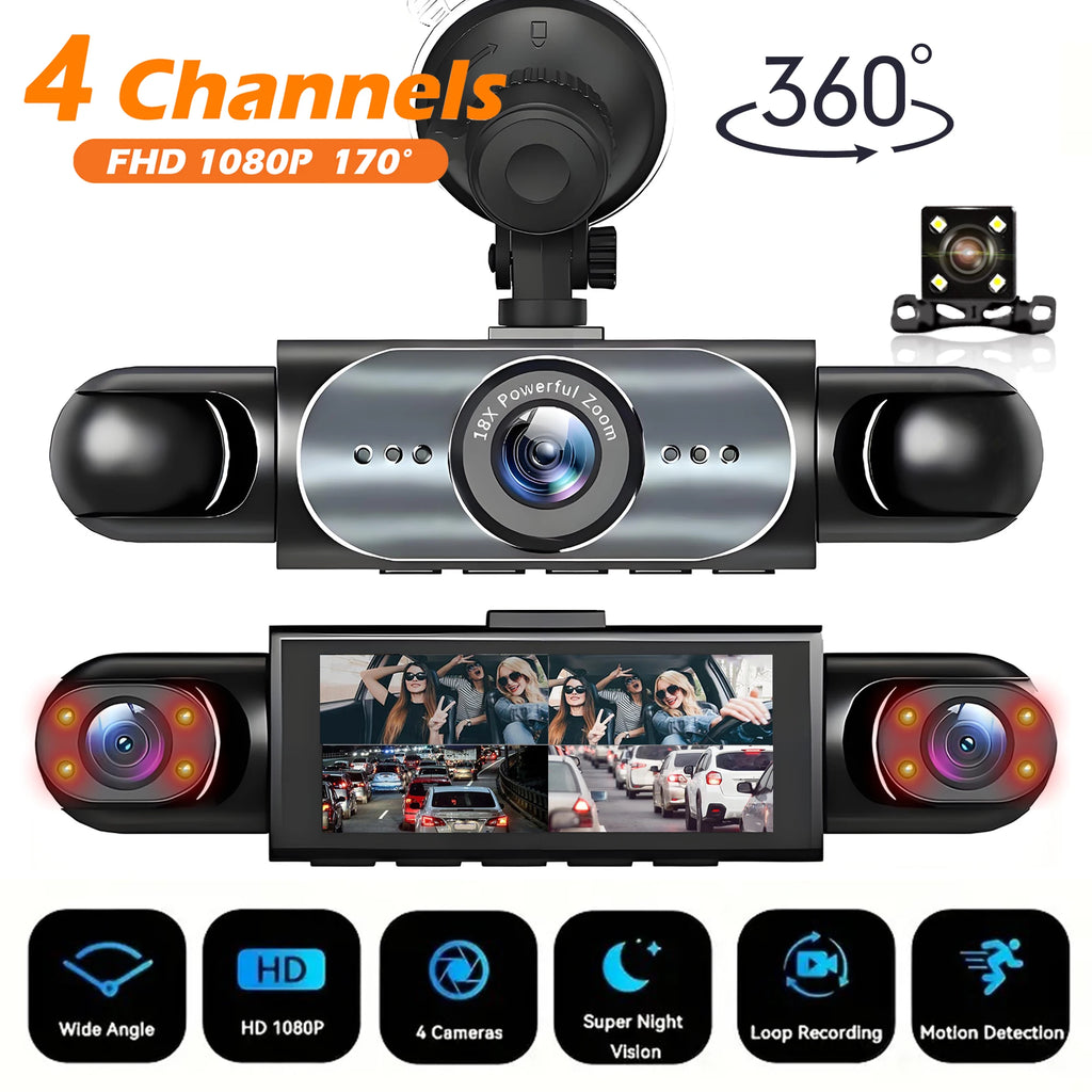 Dashcam Voiture 4 Caméras 360° — Vision Nocturne & Surveillance 24/7